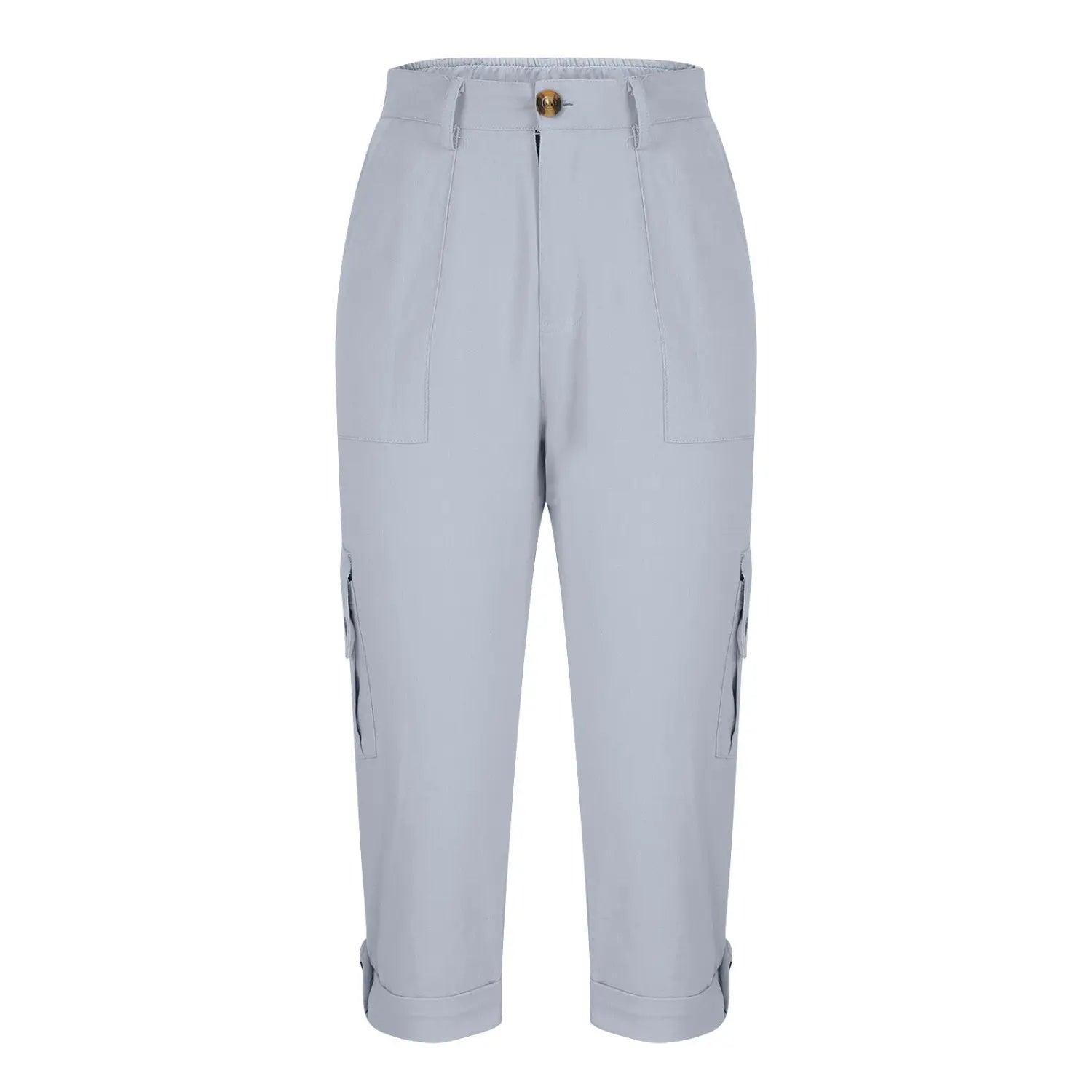 Pantalons capri cargos gris clair taille haute pour femmes avec coupe décontractée, poches latérales et ourlets retroussés, conçus pour un usage décontracté.