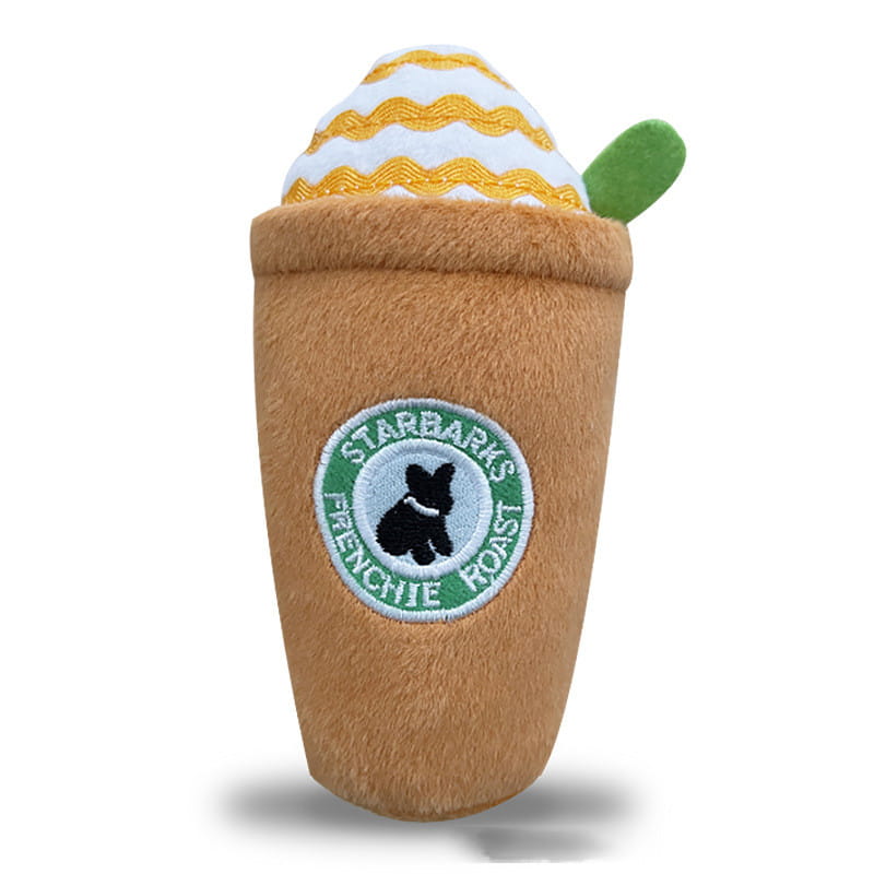 a plush toy coffee cup dog squeaky toy with a brown textured body and a white and yellow striped foam top in a 2 pack set
