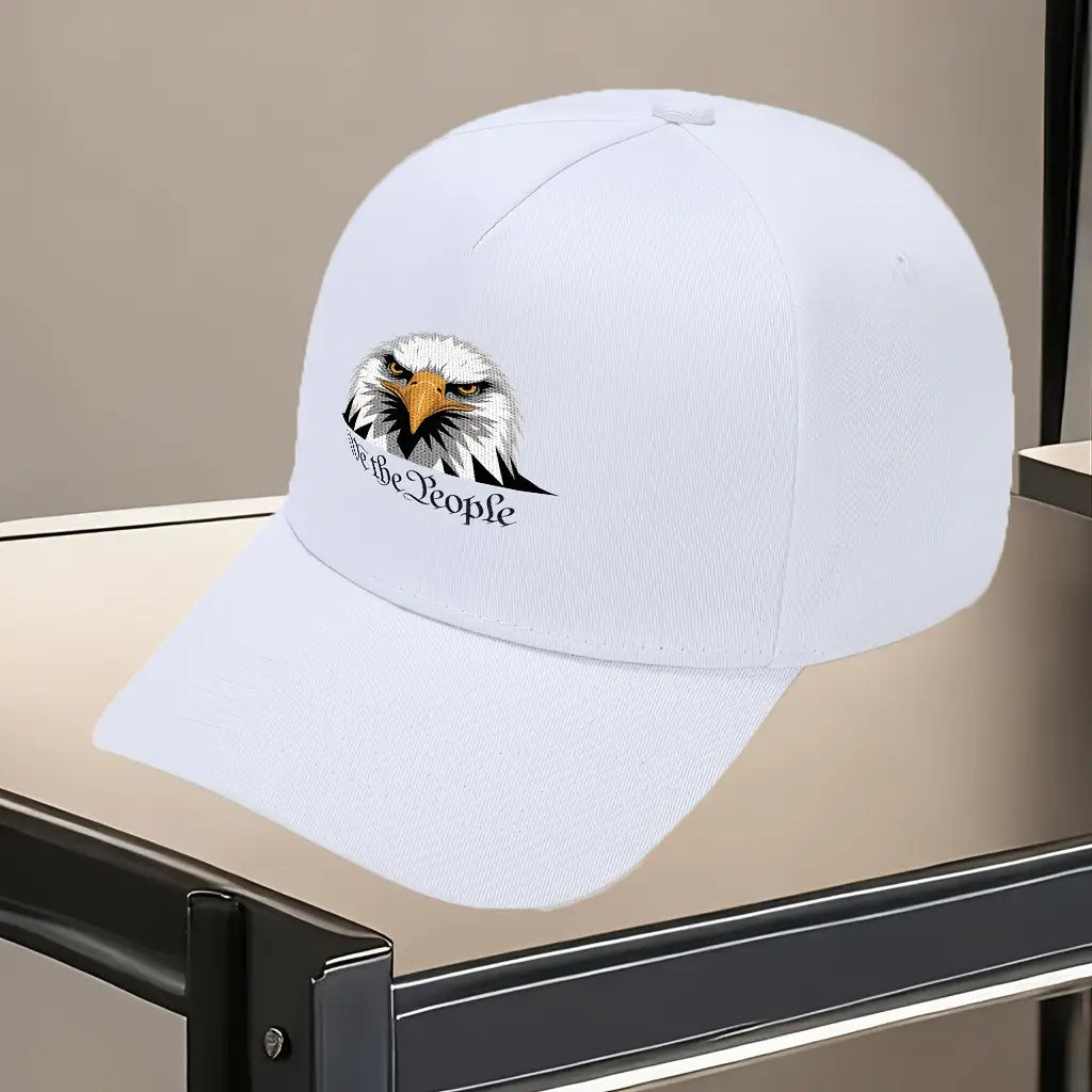 White embroidered baseball cap featuring an eagle head and the phrase we the people for the Usa 250th anniversary celebration.