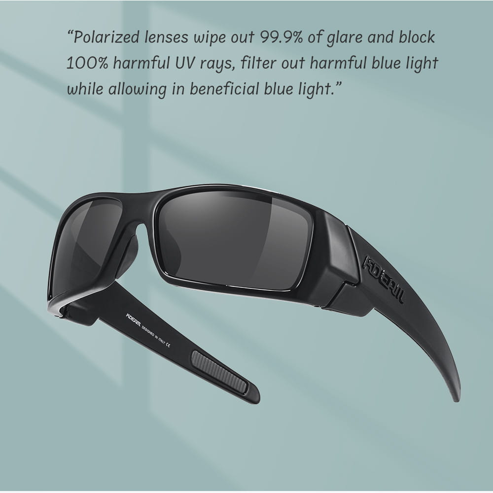 ダークグレーレンズを備え、洗練されたスポーティーなデザインの「Black federal」偏光「Koda Sport」サングラス
