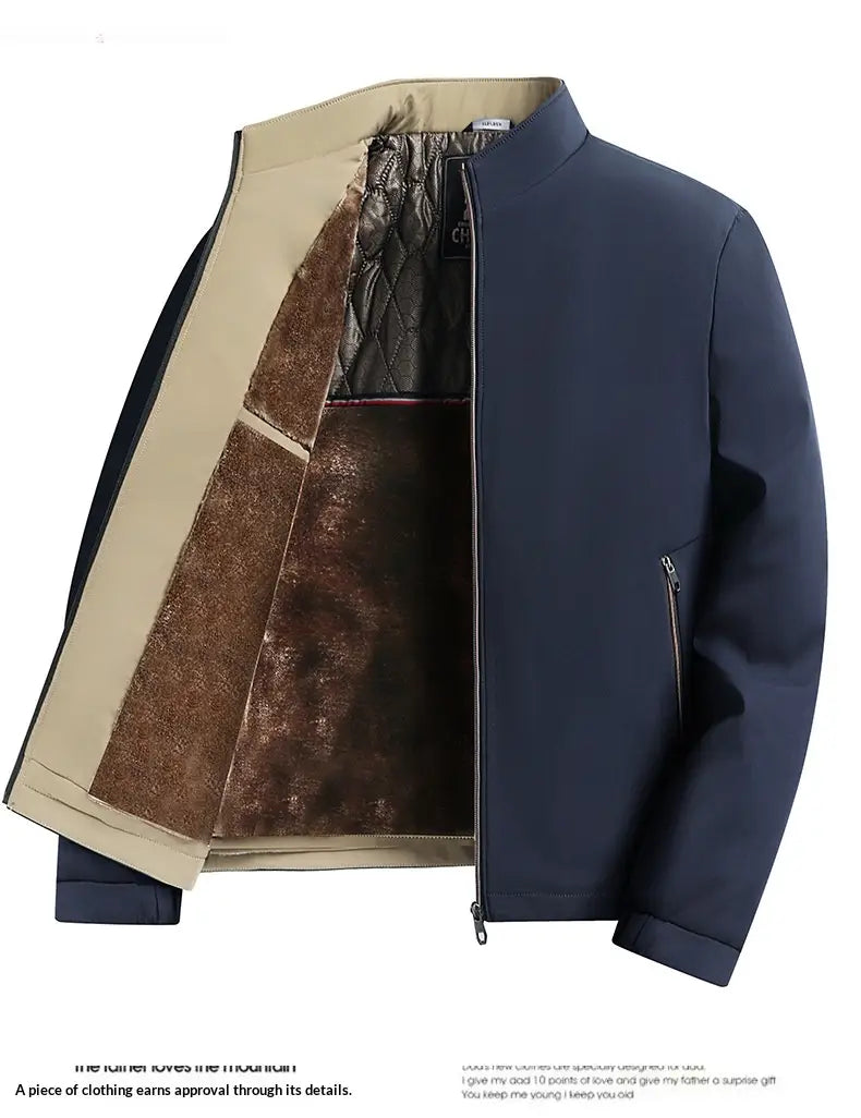 Navy blue quilted men fleece lined winter jacket with beige inner lining and brown faux fur trim designed for business casual wear.