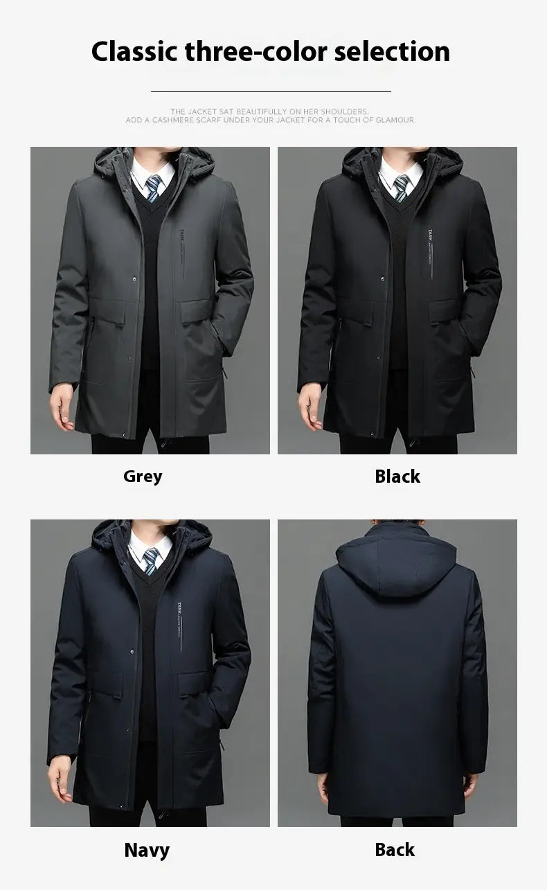 Clásica selección de tres colores para hombres, chaqueta de invierno acolchada térmica negra de longitud media con capucha, diseño elegante y detalles discretos de cremallera frontal en gris, negro y azul marino.