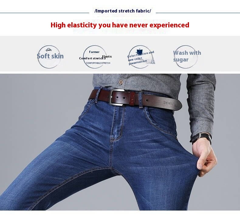 Jeans d’affaires décontractés pour homme à taille haute, coupe slim, avec élasticité, en denim bleu de fabrication importée avec tissu extensible, offrant un ajustement doux et confortable ainsi qu’une grande élasticité.