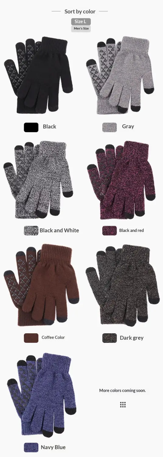 Touchscreen-Wollhandschuhe für den Winter in Schwarz, Grau, Kaffee, Navyblau sowie Schwarz und Rot mit strukturiertem Strickgewebe und kontrastierenden Fingerspitzen, von der Rückseite gezeigt.