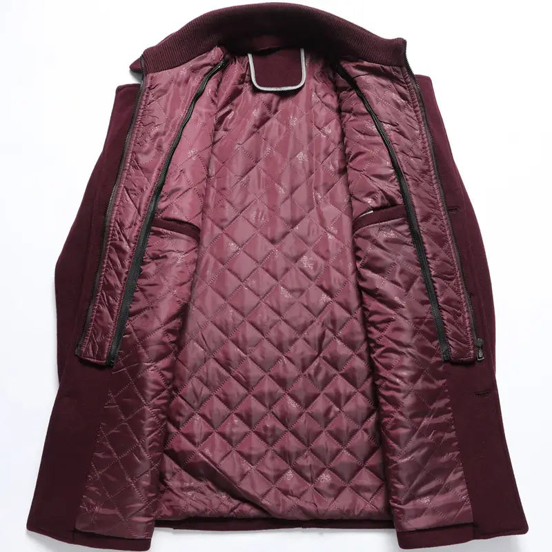 Men wool winter overcoat quilted jacket in maroon with ribbed collar and zipper-lined pockets.