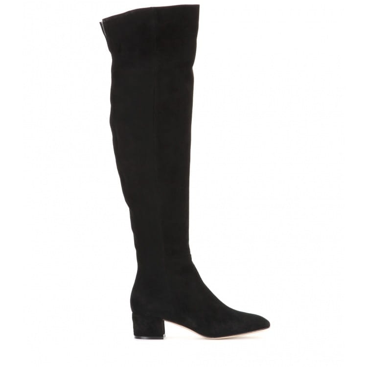Black suede over the knee boot with low block heel shown from the back side.