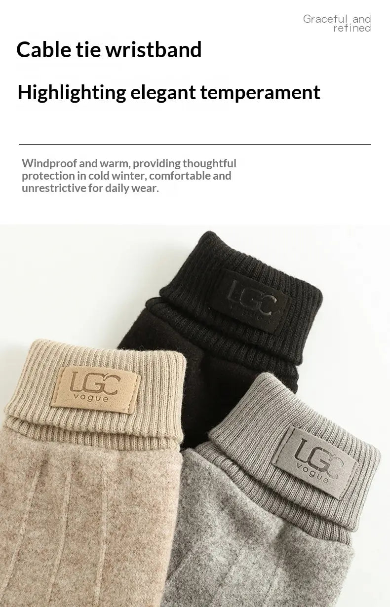 Bracelets de poignet à tricot côtelé, en noir et beige, avec attaches à torsades, munis d’écussons de marque lgc vogue conçus dans le cadre de gants thermiques d’hiver pour homme à l’aspect cachemire.