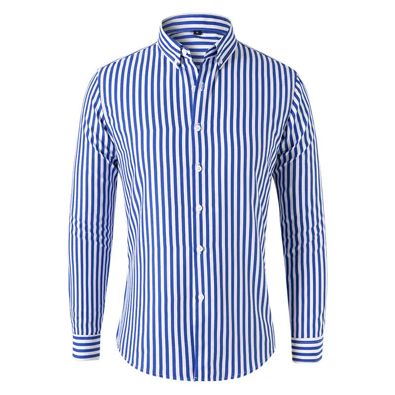 Herren gestreiftes Slim-Fit-Langarm-Freizeithemd in blau-weißen vertikalen Streifen mit klassischem Kragen.