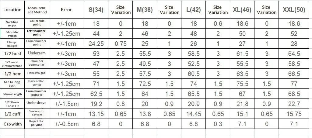 The image displays a detailed size chart in centimeters for a men double breasted slim suit jacket showing measurements from size S to XXL.
