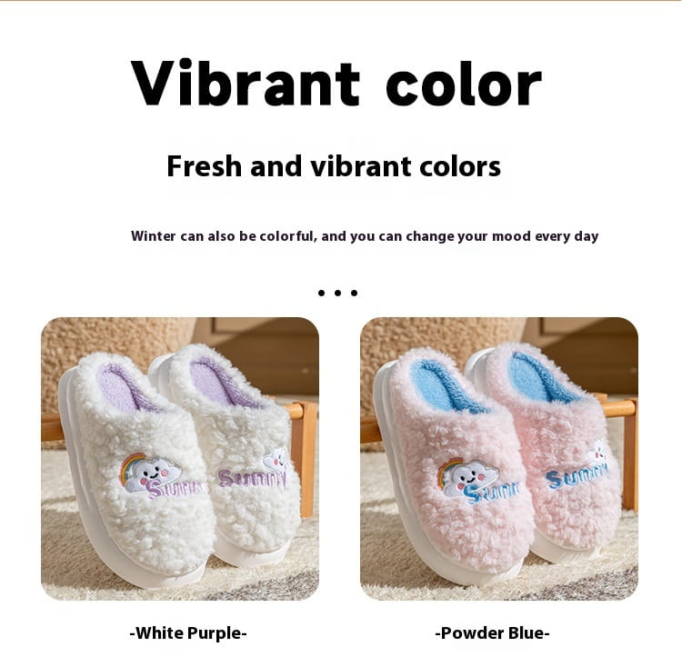 white and powder blue fluffy cotton slippers with embroidered cloud and sunny designs from the smiling cloud and rainbow plush collection
