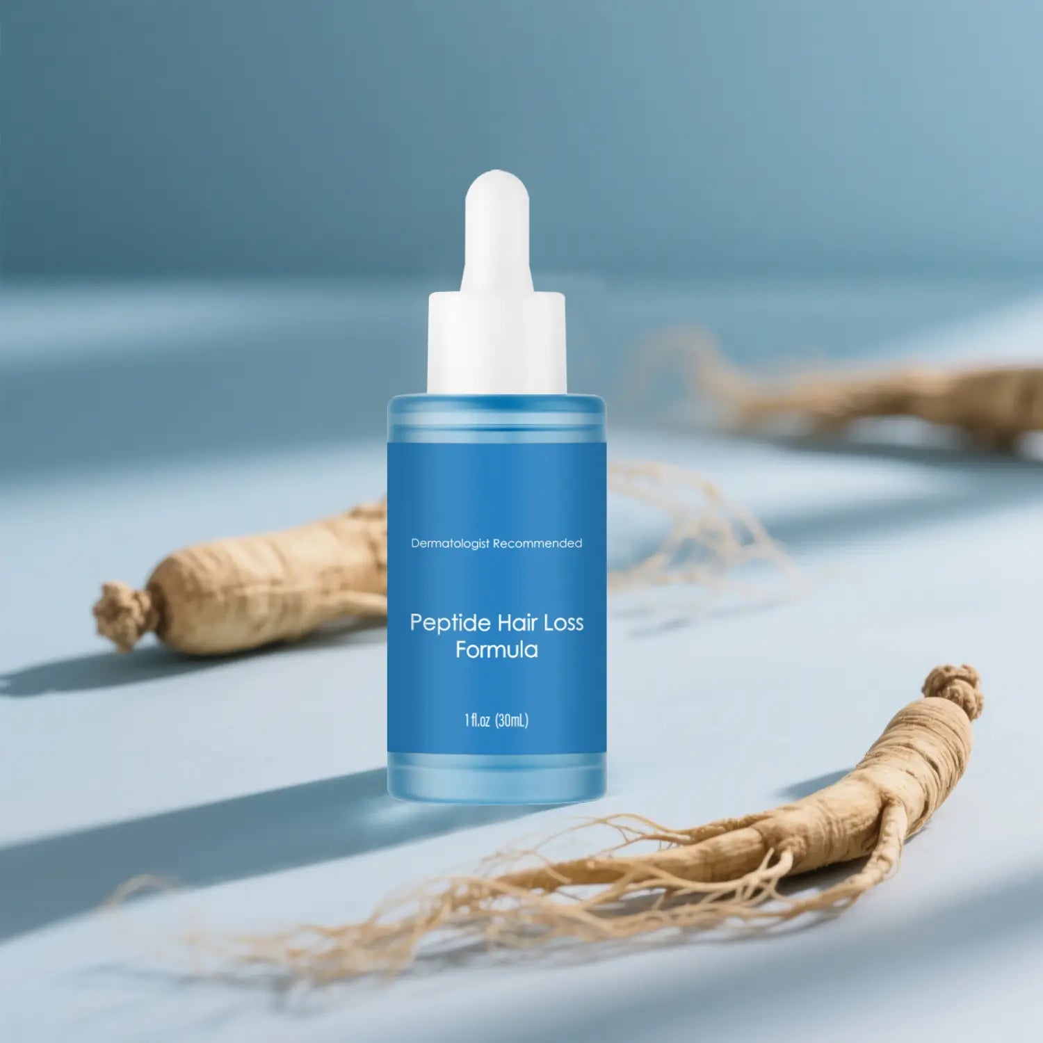 A sleek blue glass bottle with a white dropper cap labeled peptide hair loss formula for hair growth serum 30ml.