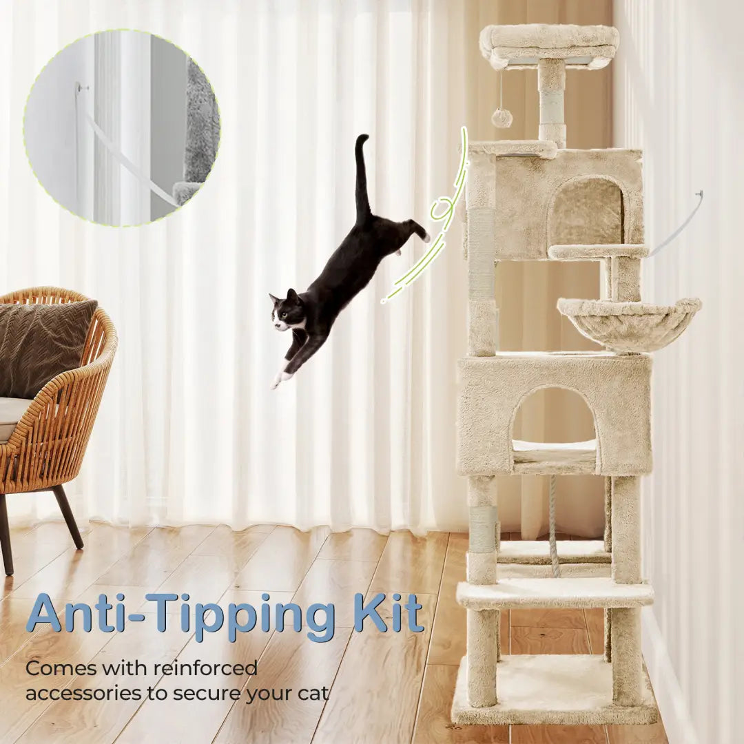 Beige multi-level 66 inch multi-cat tree tower and condo with carpeted platforms and scratching posts designed for multiple cats.