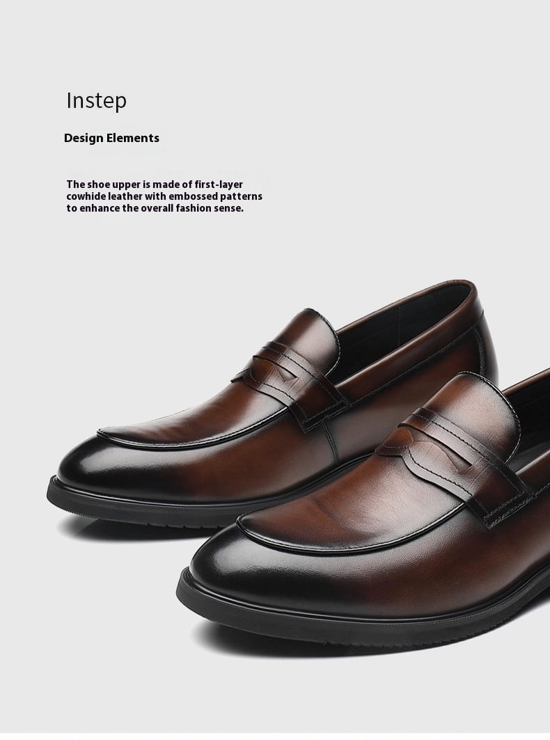 Men’s brown cowhide leather height increasing formal loafer with polished finish and black rubber sole.