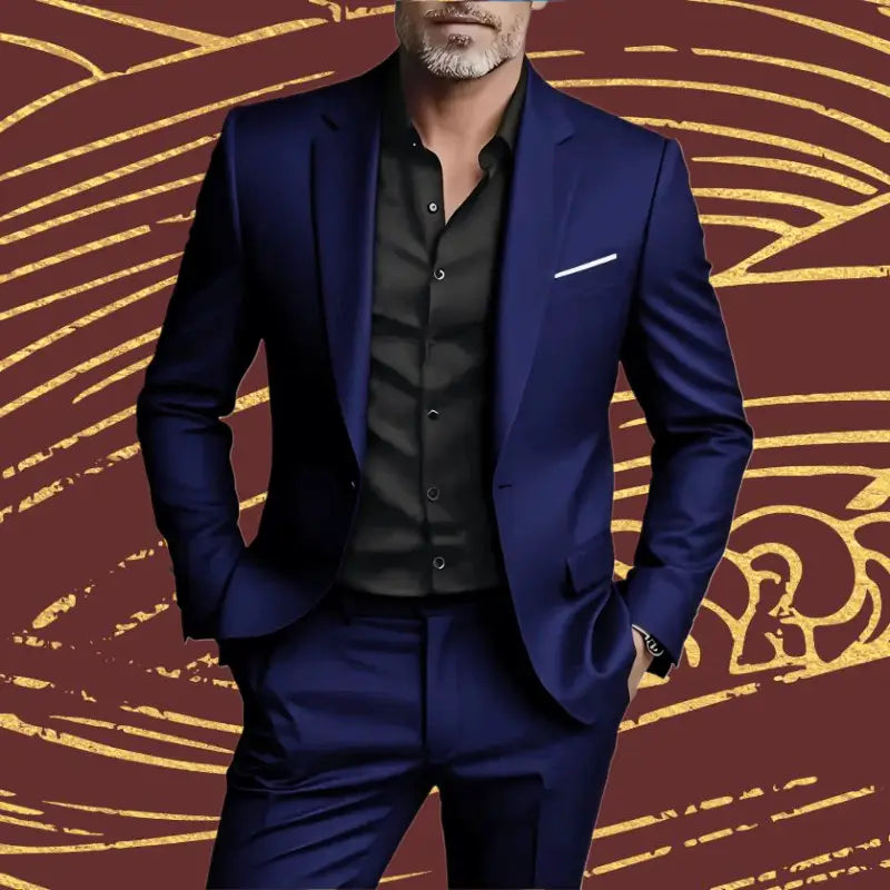A navy blue mens slim fit three piece suit set featuring a tailored suit with a sleek modern cut and matching trousers.