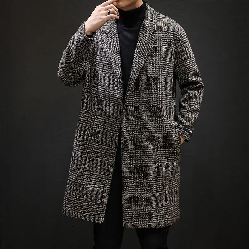 A stylish men houndstooth wool double breasted overcoat featuring a black and white herringbone pattern crafted from textured wool blend fabric.