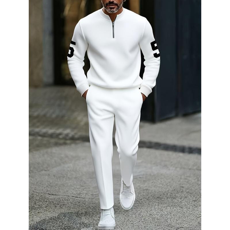 white half zip athletic sweatsuit printed set featuring black numerals on the sleeves made from comfortable material for sports and casual wear