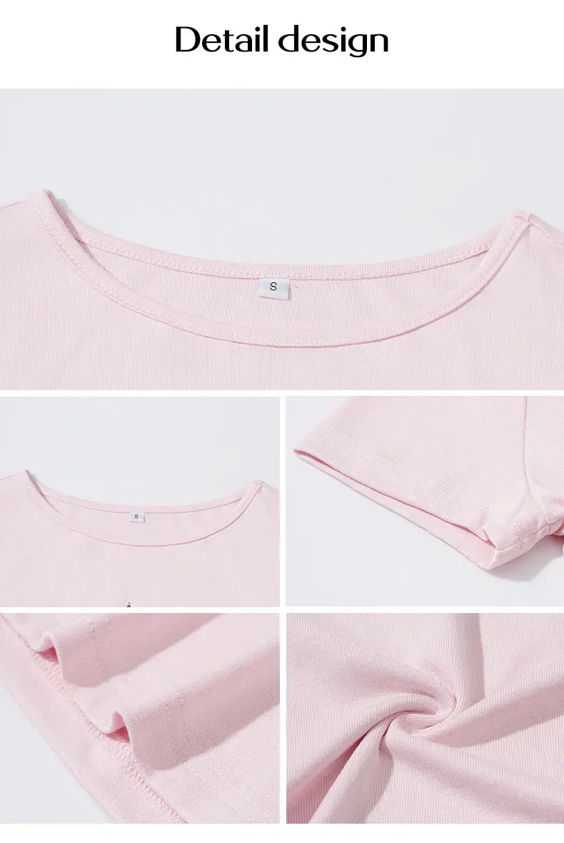 A soft pink ribbed knit leopard star slim fit short sleeve crop top with a simple round neckline.