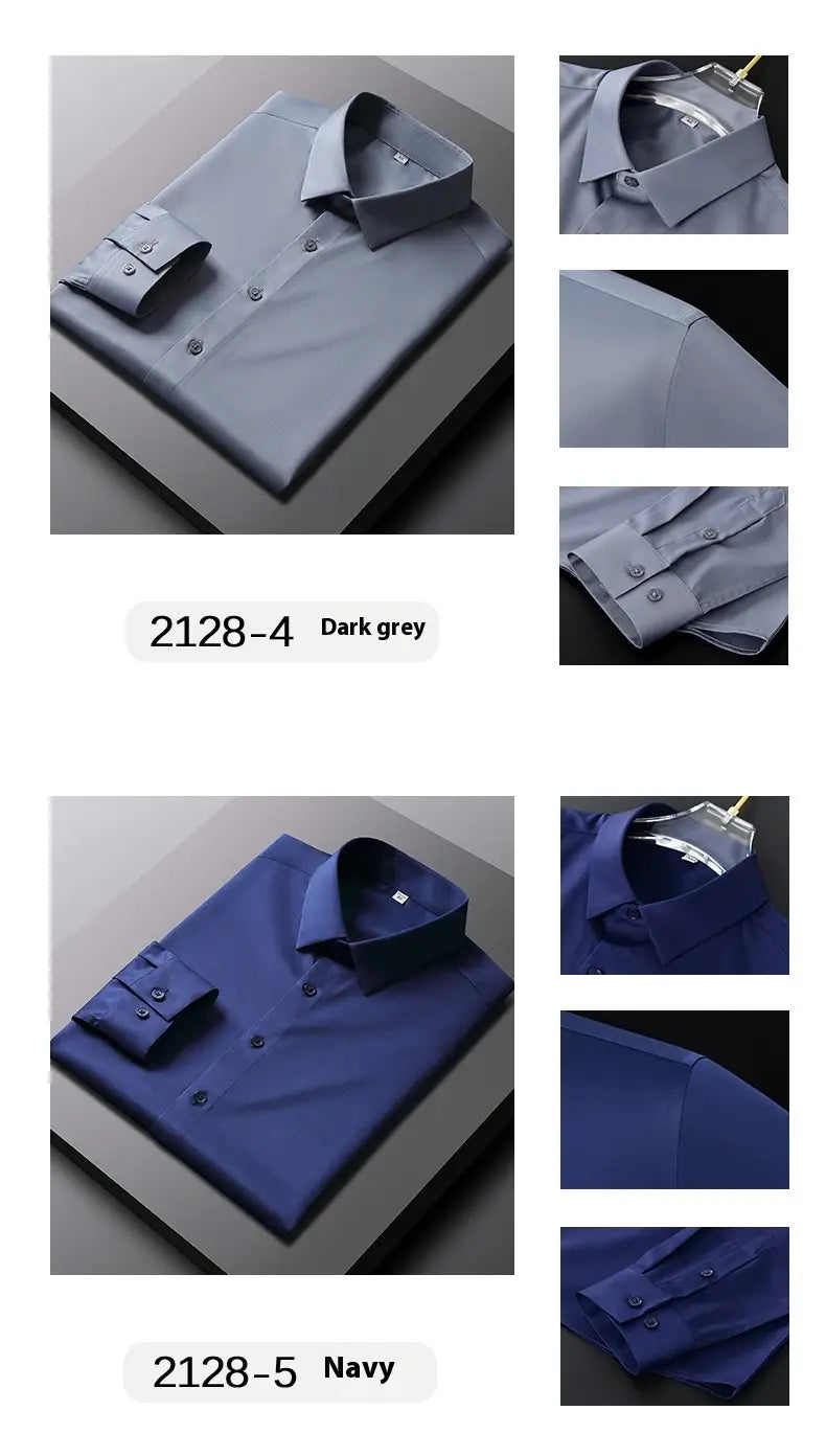 Chemises habillées en soie pour homme à manches longues, en gris foncé et bleu marine, avec des cols classiques et des poignets boutonnés, pliés avec soin pour une tenue formelle.