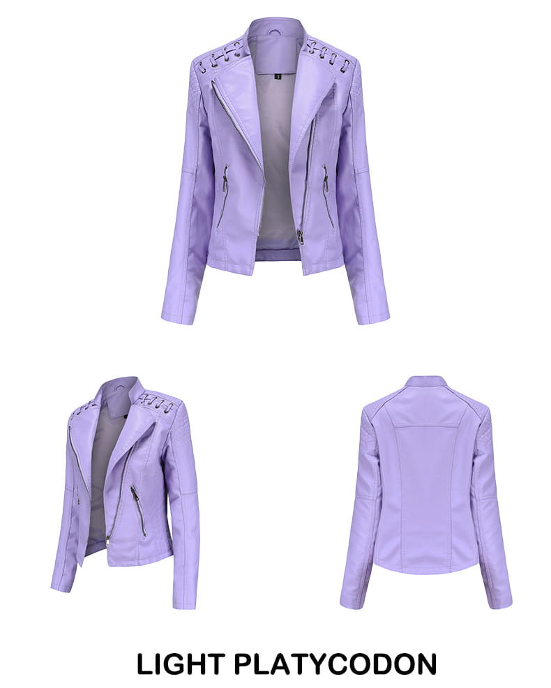 Damen-Slim-Fit-Faux-Leder-Motorradjacke in Lavendel mit silbernen Reißverschlüssen und dekorativer Schnürung entlang der Schultern.