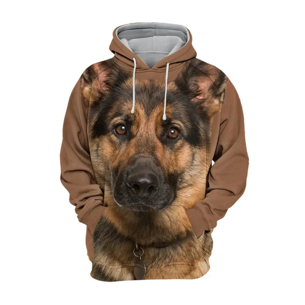 Homme sweat à capuche en pull-over marron berger allemand, avec un motif détaillé de portrait de chien imprimé en 3D et des cordons de serrage blancs.