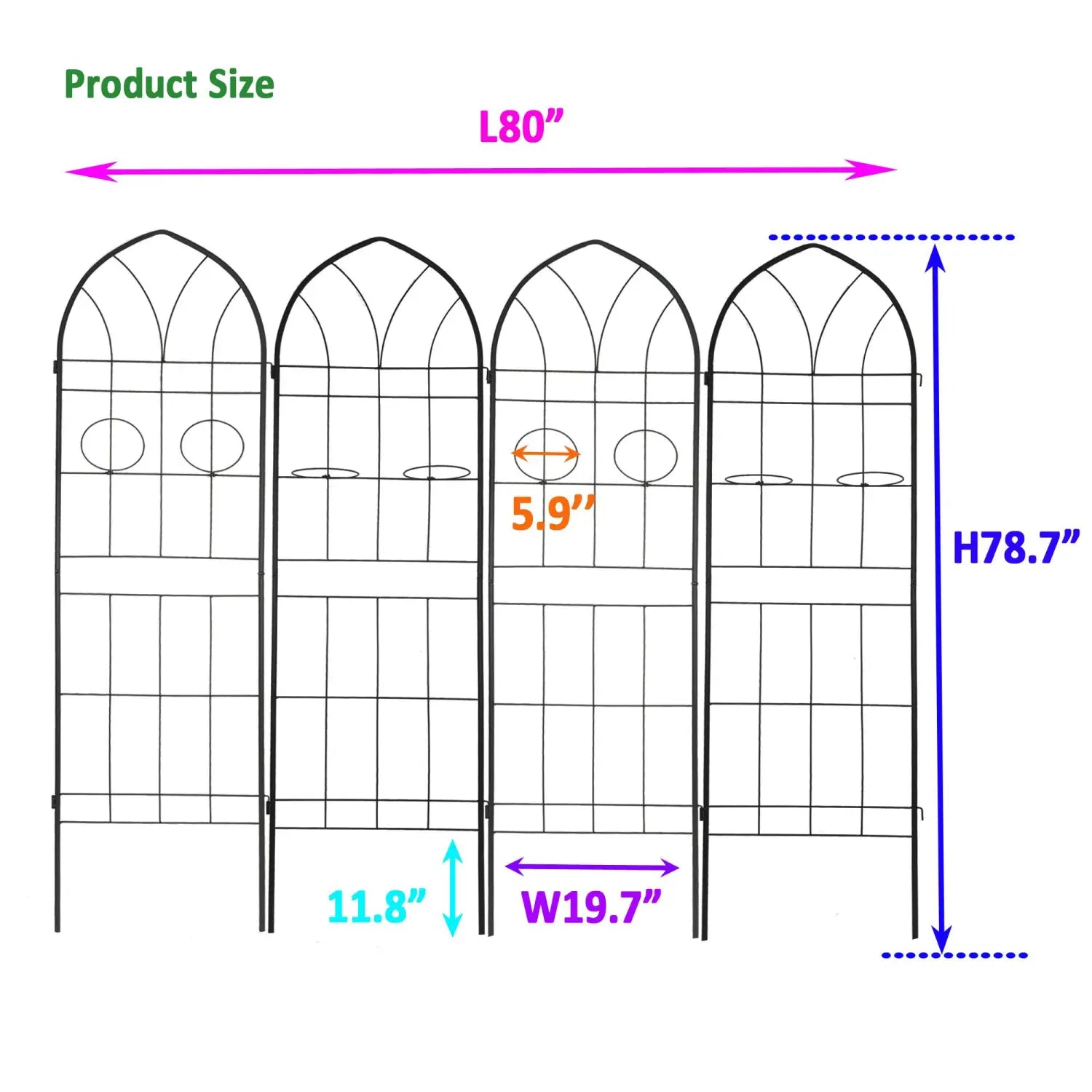 black metal garden trellis with arched top and circular cutouts designed for climbing plants in a 4 pack set