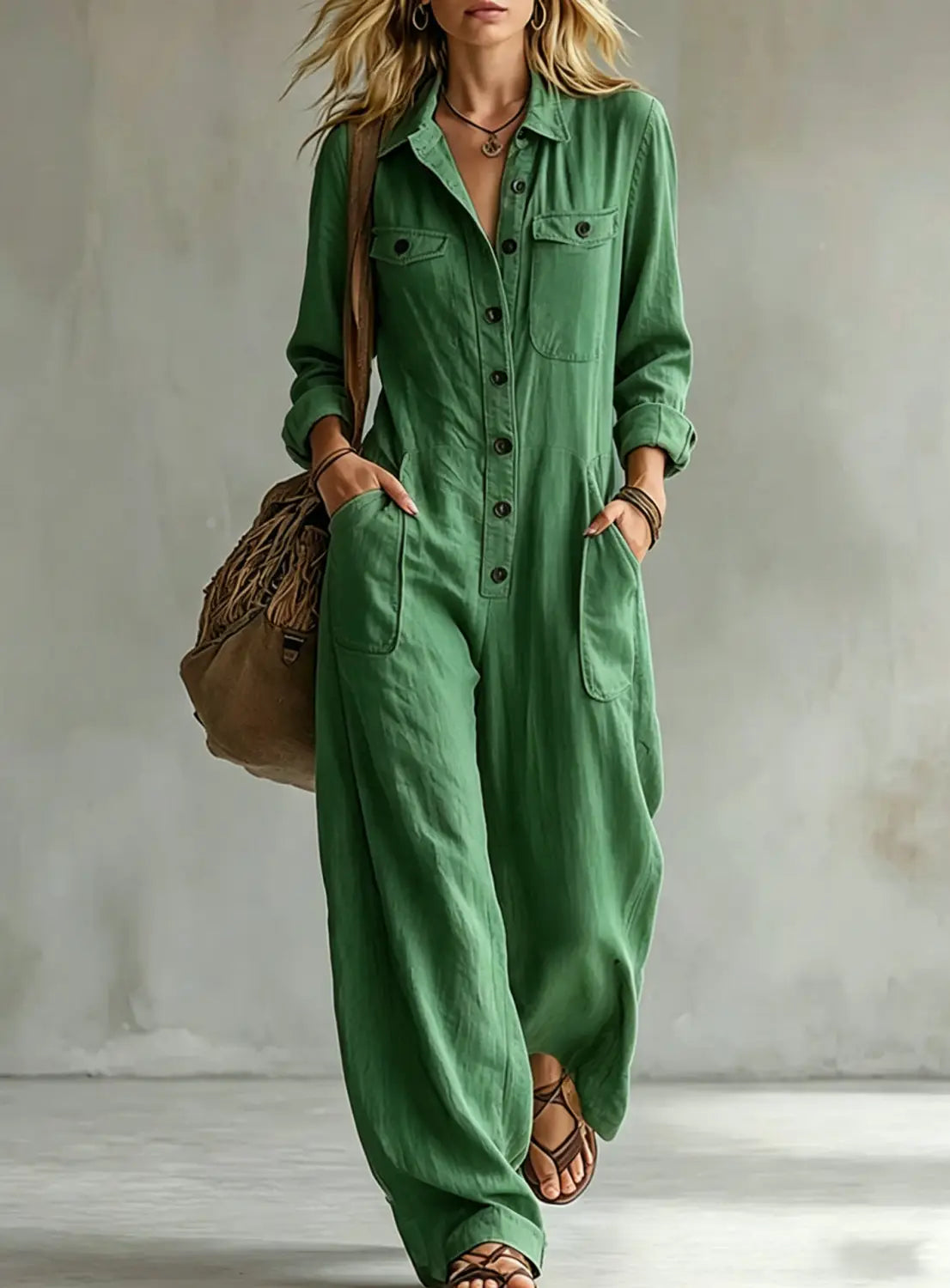Locker sitzender Jumpsuit aus Baumwolle in Olivgrün mit Knopfverschluss vorn und zwei Brusttaschen, geeignet für die legere Arbeitskleidung.