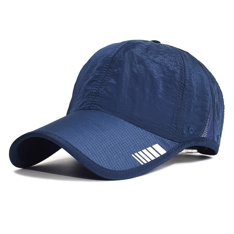 Navy blue quick-drying running hat with white striped detail on the brim designed as a sports sun cap.