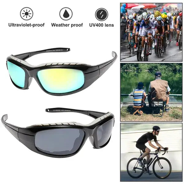 Black sport sunglasses with reflective blue and yellow gradient UV400 mirror lenses designed for outdoor activities in a 2 pack padded motorcycle riding glasses set.