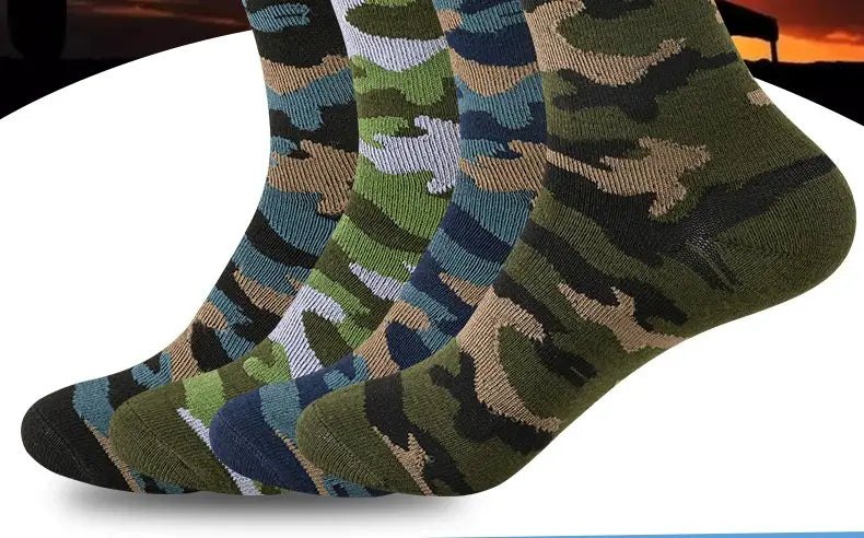 Camouflage military training socks for men featuring a green brown and blue pattern designed for durability and comfort during outdoor activities.