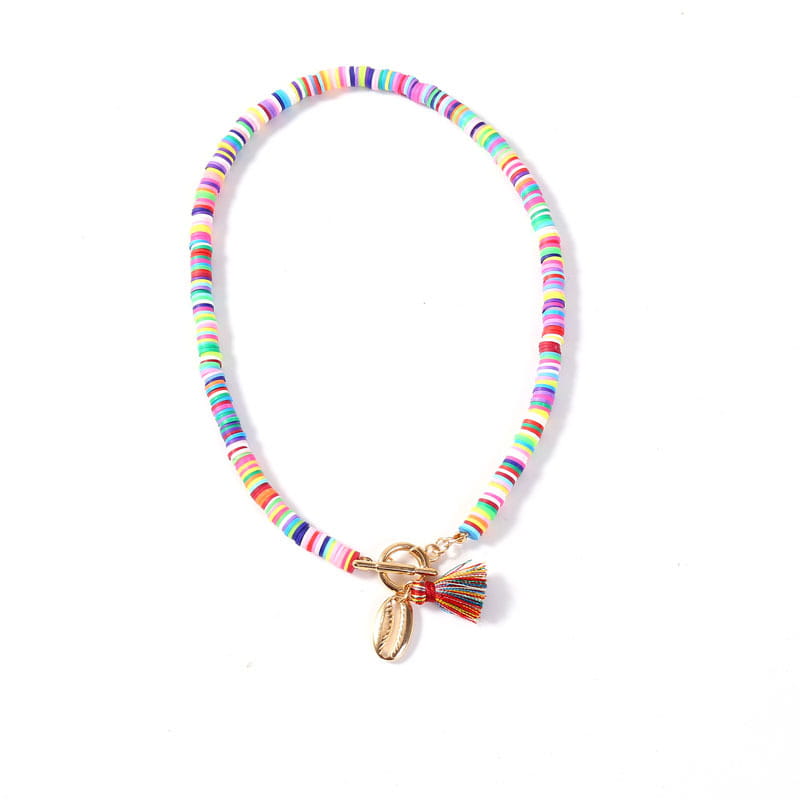 Bohemian rainbow beaded choker featuring colorful beads with a gold-tone toggle clasp and matching tassel charm.
