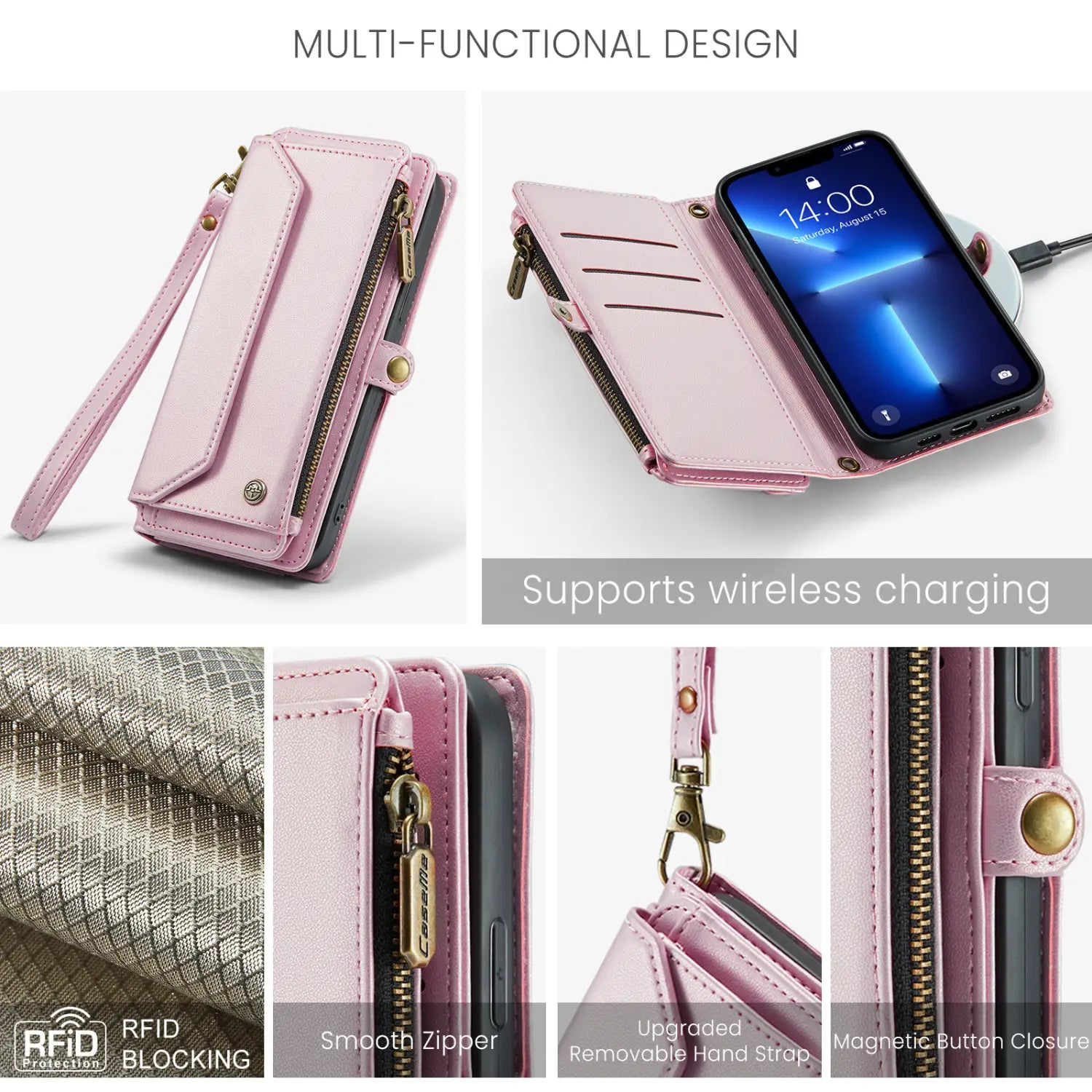 pink leather wallet phone case with removable wrist strap featuring zipper compartments and a detachable strap