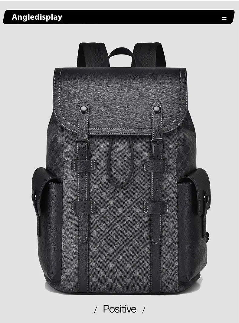Black leather men’s business travel backpack with laptop sleeve featuring a subtle gray diamond pattern and sturdy straps.