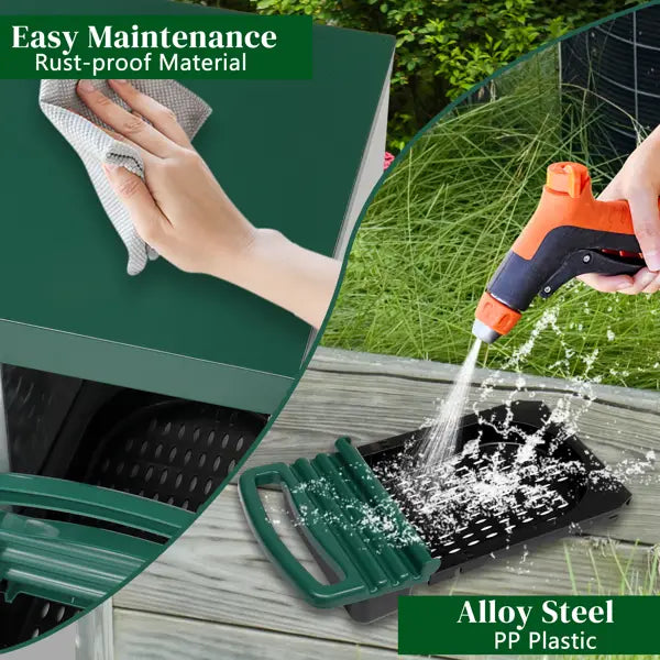 Grünes Gartenwerkzeug aus Kunststoff mit schwarzer Aluminiumstahl-Klinge und Griff, dargestellt neben einer Brutbox für Hühner mit drei Fächern mit herausrollbaren Wannen zur Geflügelpflege
