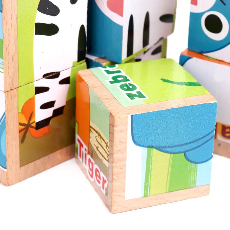 puzzle en cube en bois 6 en 1, jeu éducatif précoce, présentant des illustrations d’animaux colorées et le mot « tiger » imprimé en rouge sur un côté.