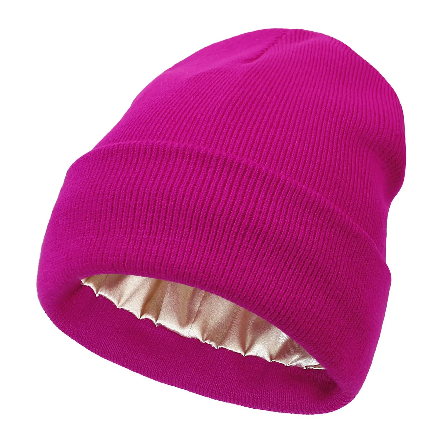 Vibrant fuchsia knit beanie with a satin-lined interior designed as a warm winter hat.
