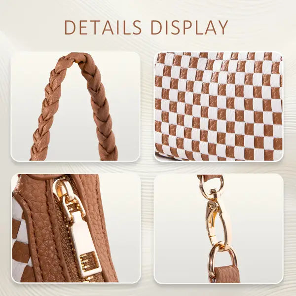 Brown and white checkered woven vegan leather hobo shoulder bag with braided leather handle gold-tone zipper pull and metal chain strap.