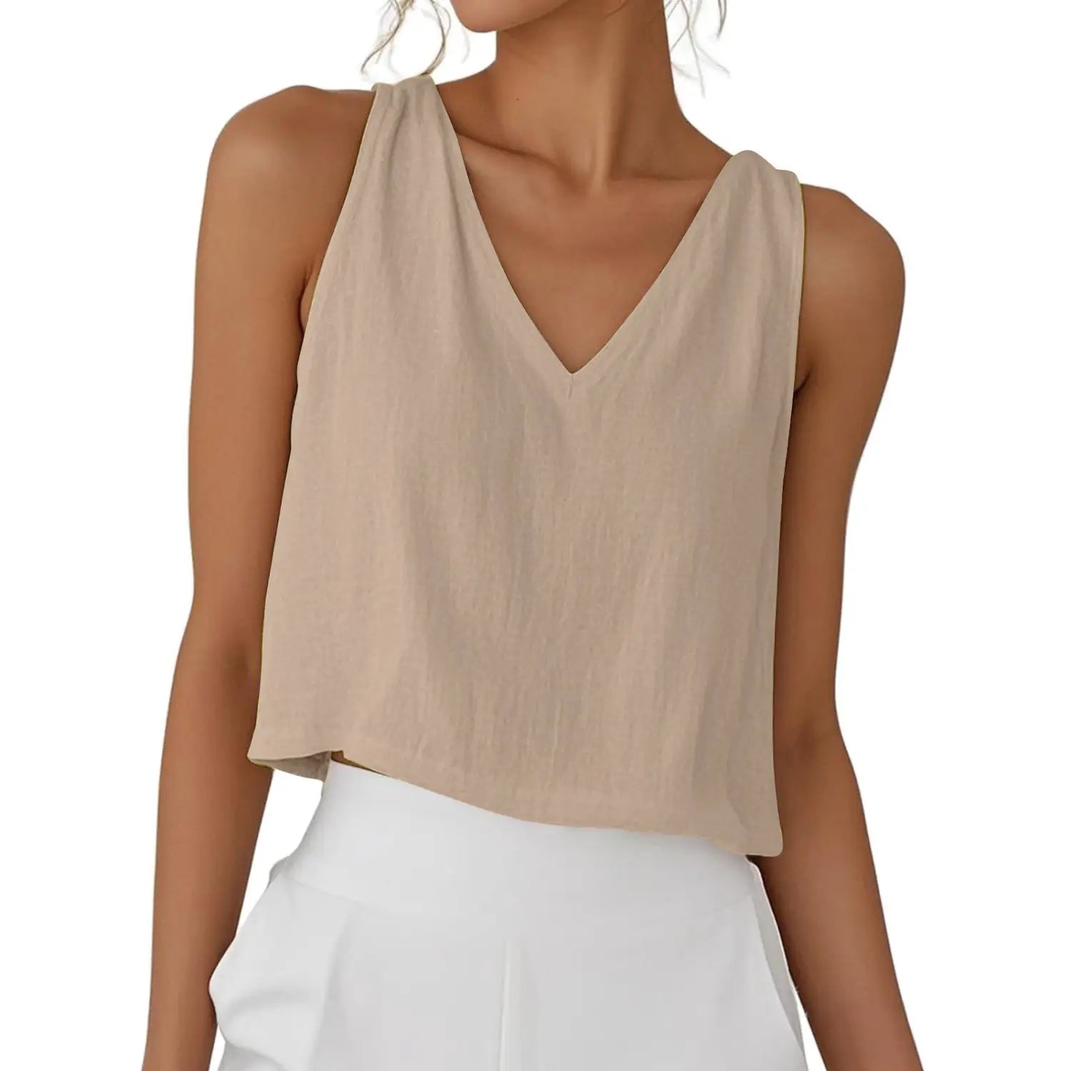 Beiges Baumwoll-Leinen-Crop-Top ohne Ärmel mit V-Ausschnitt und weichem, fließendem Stoff.