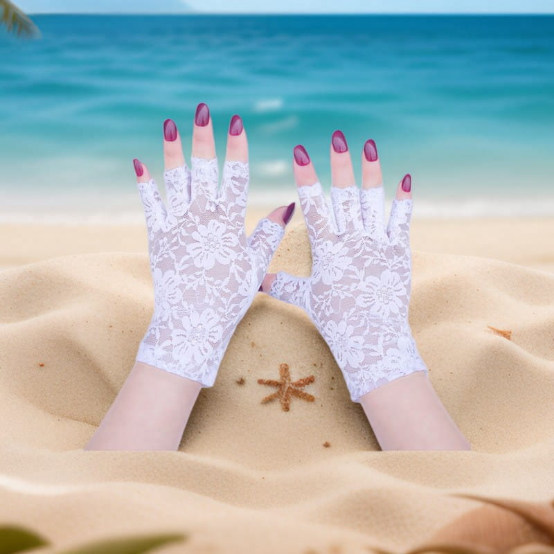 white floral lace fingerless gloves with a sheer delicate design for lace sun protection fingerless gloves for women.