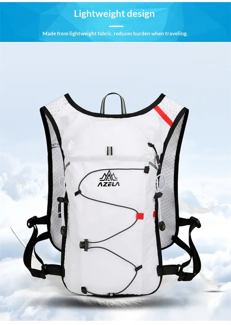 White azela hydration vest with black trim and red accent stripes made from lightweight fabric designed as a hydration backpack lightweight running vest 20l