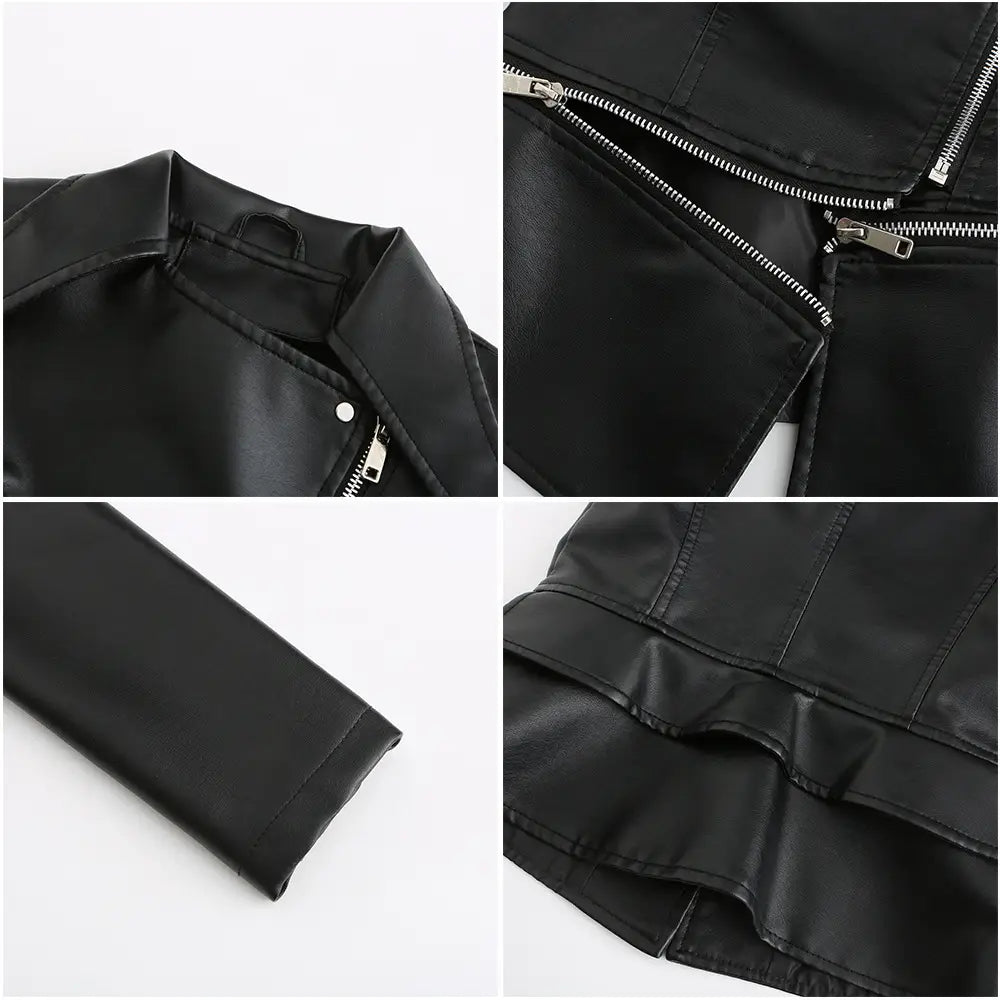 Black faux leather moto jacket slim fit biker coat with silver zippers and a sleek fitted design