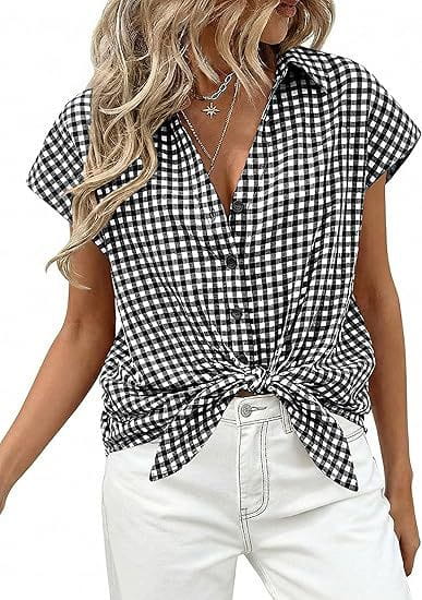 black and white checkered short-sleeved button-up blouse with front knot made from lightweight fabric for casual wear
