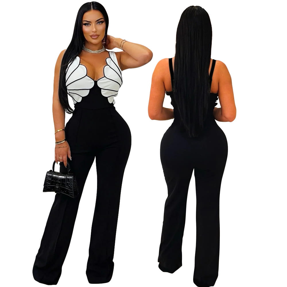 Black and white butterfly-themed slim fit halter jumpsuit with flared pants made of lightweight fabric for stylish casual wear.