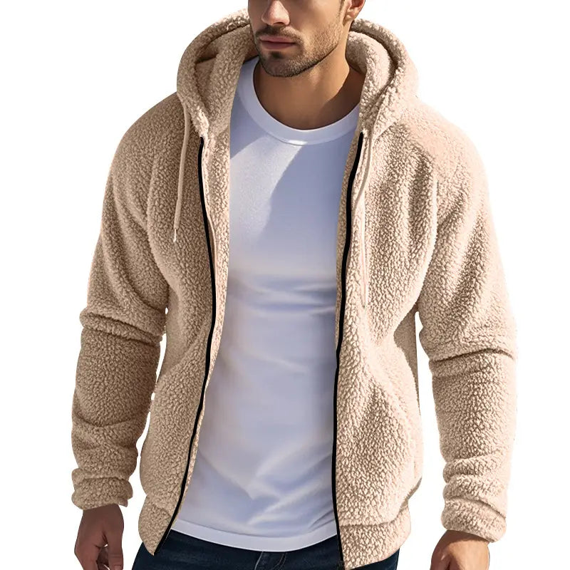 Beige fleece lined men’s hooded zip up jacket featuring a black zipper trim and a loose fit.