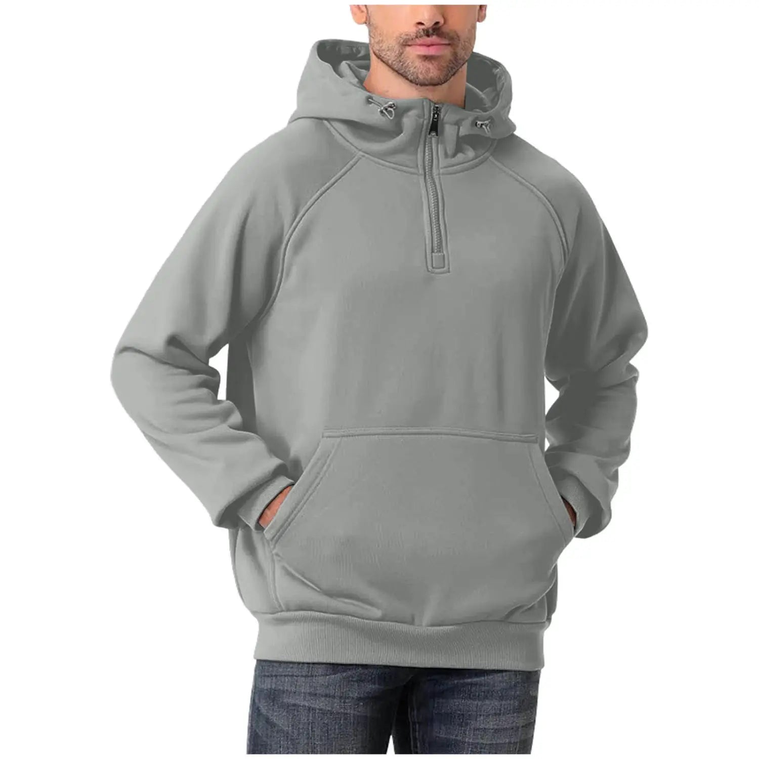 Herren-Casual Multi-Farben Half-Zip-Pulloverhoodie mit grauem Half-Zip-Design, Kapuze, Raglanärmeln und Fronttaschen.