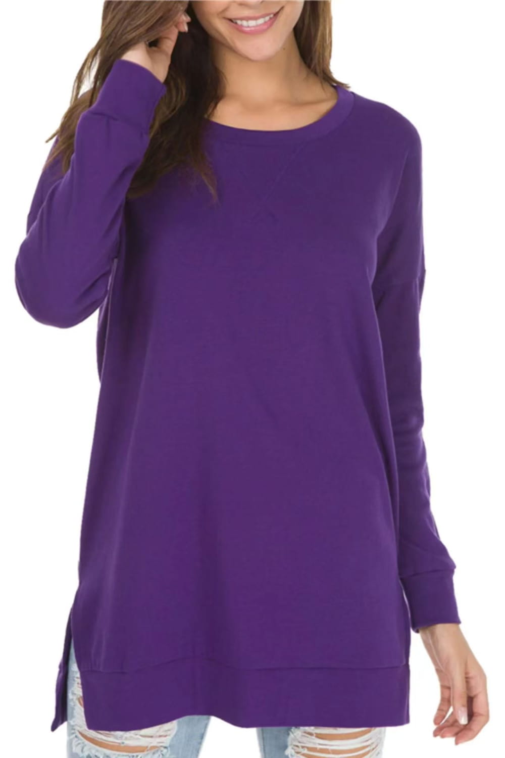 purple long-sleeved casual knit sweater with relaxed fit and side slits designed for comfortable everyday wear