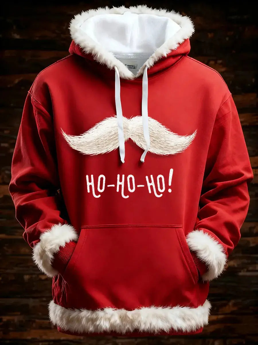 Red santa holiday faux fur trim christmas hoodie with pockets featuring a white faux-fur trim on the hood cuffs and hem and a large embroidered mustache graphic with ho-ho-ho text in white.