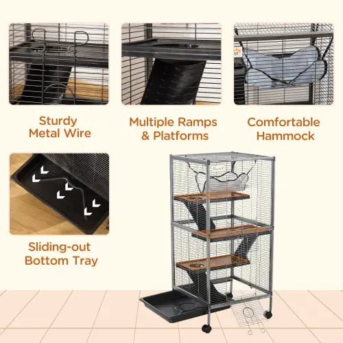 cage roulante à 5 niveaux pour furet et petits animaux, dotée d’une structure métallique multi-niveaux avec des plateformes et des rampes en bois, ainsi que d’un bac inférieur coulissant noir.