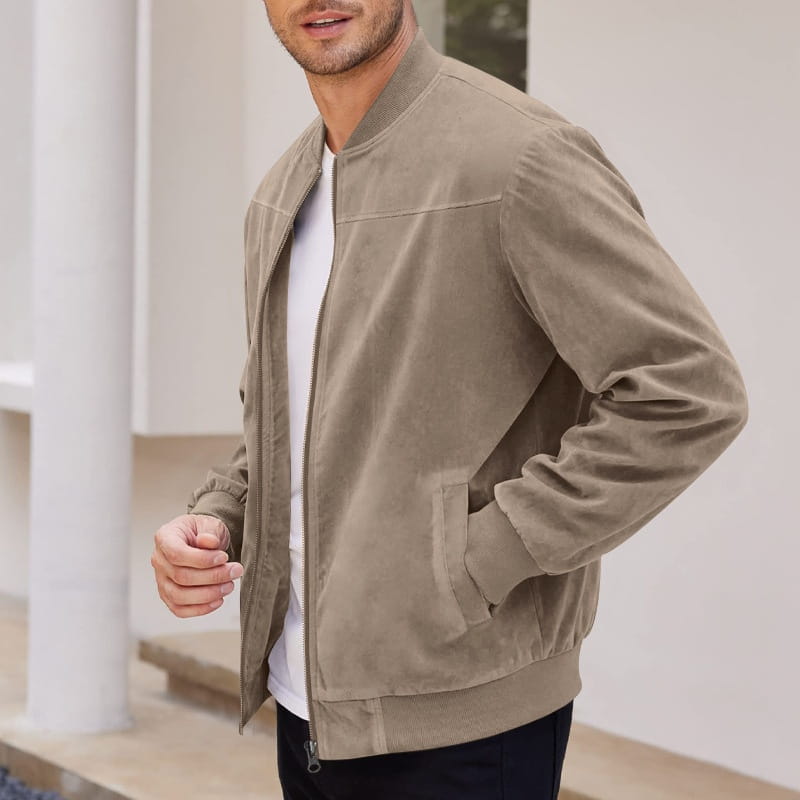 Men suede casual retro jacket in beige featuring ribbed cuffs and waistband made from suede material.