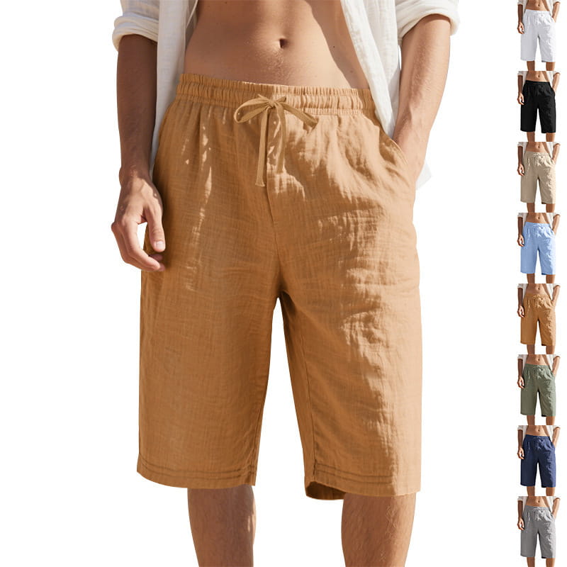 Short en lin décontracté pour hommes de couleur beige sable, avec une ceinture élastique à cordon de serrage, pour un port confortable.