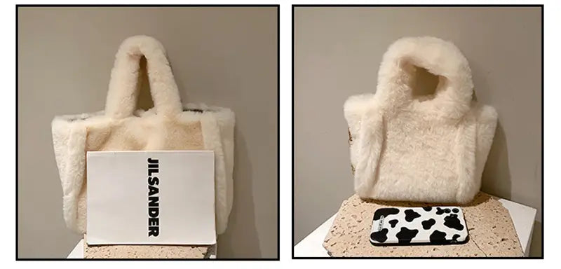 Cream-colored plush faux fur tote bag with fluffy texture and structured handles featuring a chain strap for shoulder use.